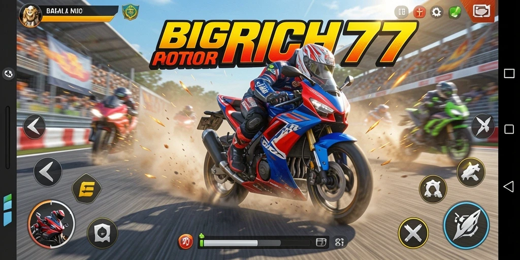 Tampilan gameplay mendebarkan dari BIGRICH77 saat balapan motor.