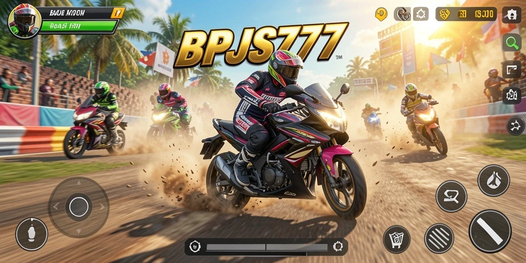 Screenshot gameplay BPJS777 menampilkan balapan motor yang mendebarkan.