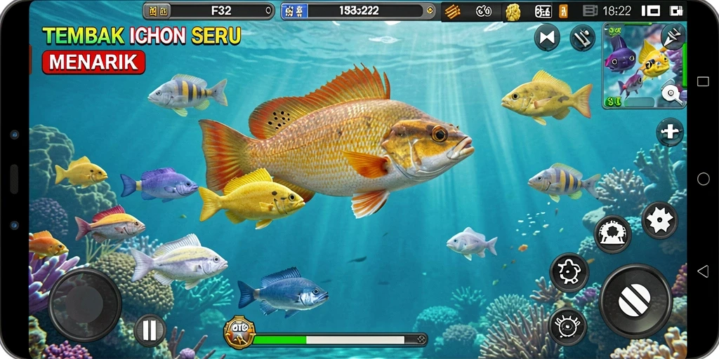 Screenshot utama F32 menampilkan aksi menembak ikan yang seru dan penuh warna.