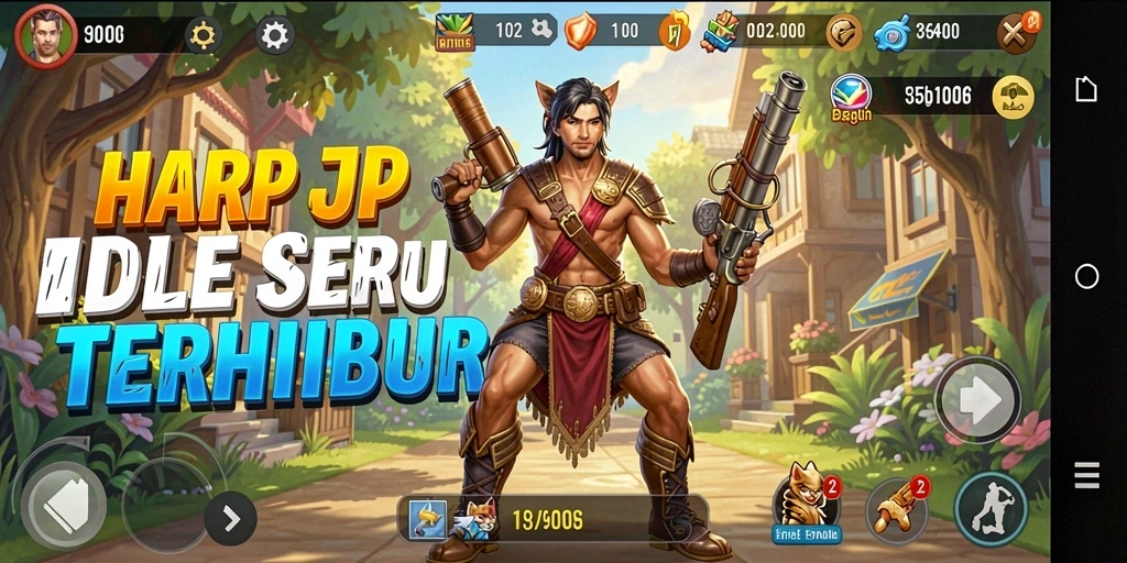 Tampilan gameplay utama HARAPJP dengan karakter lucu dan dunia yang berwarna-warni.