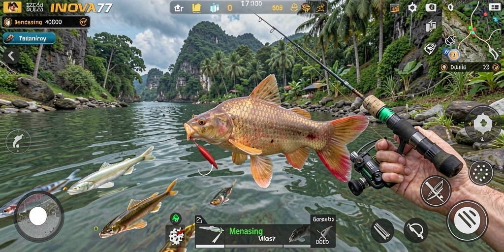 Screenshot menampilkan gameplay seru di INOVA77 saat menangkap ikan.